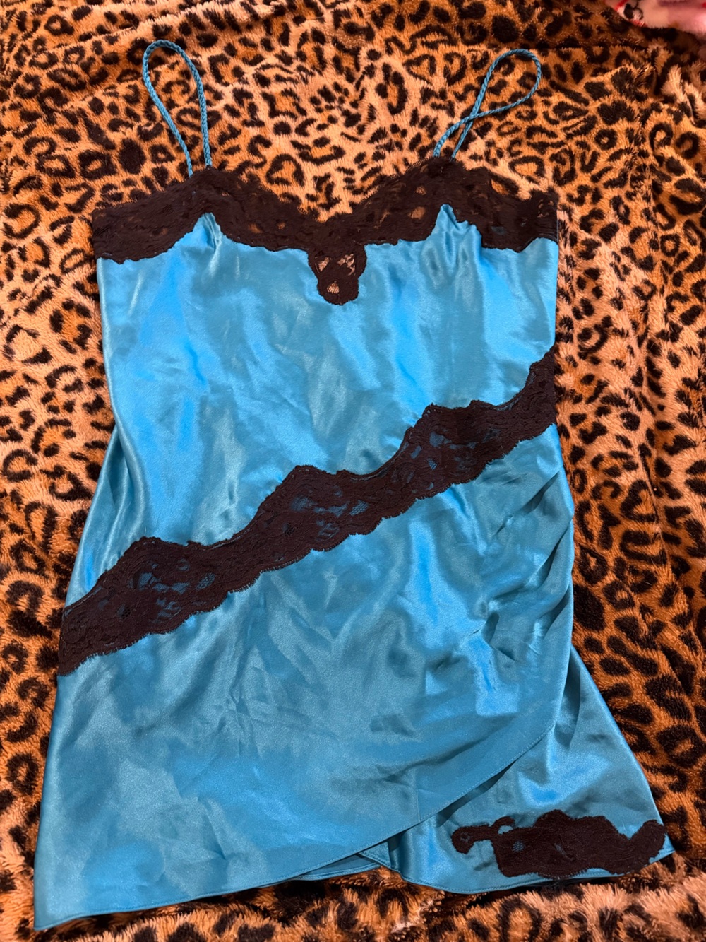 Victoria's Secret Teal Satin nighty with Black Lace Trim gold label